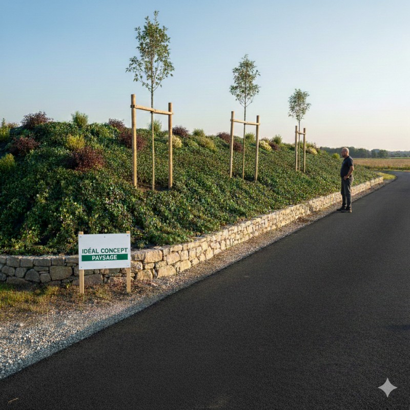 Création d'aménagements paysagers avec terrain en pente pour une maison neuve à Misérieux