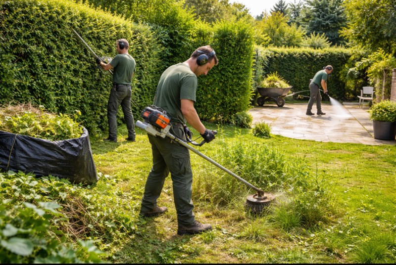Remise en état de jardin en périphérie de Lyon et dans l’Ain – Débroussaillage, nettoyage de terrasse, taille de haie, tonte